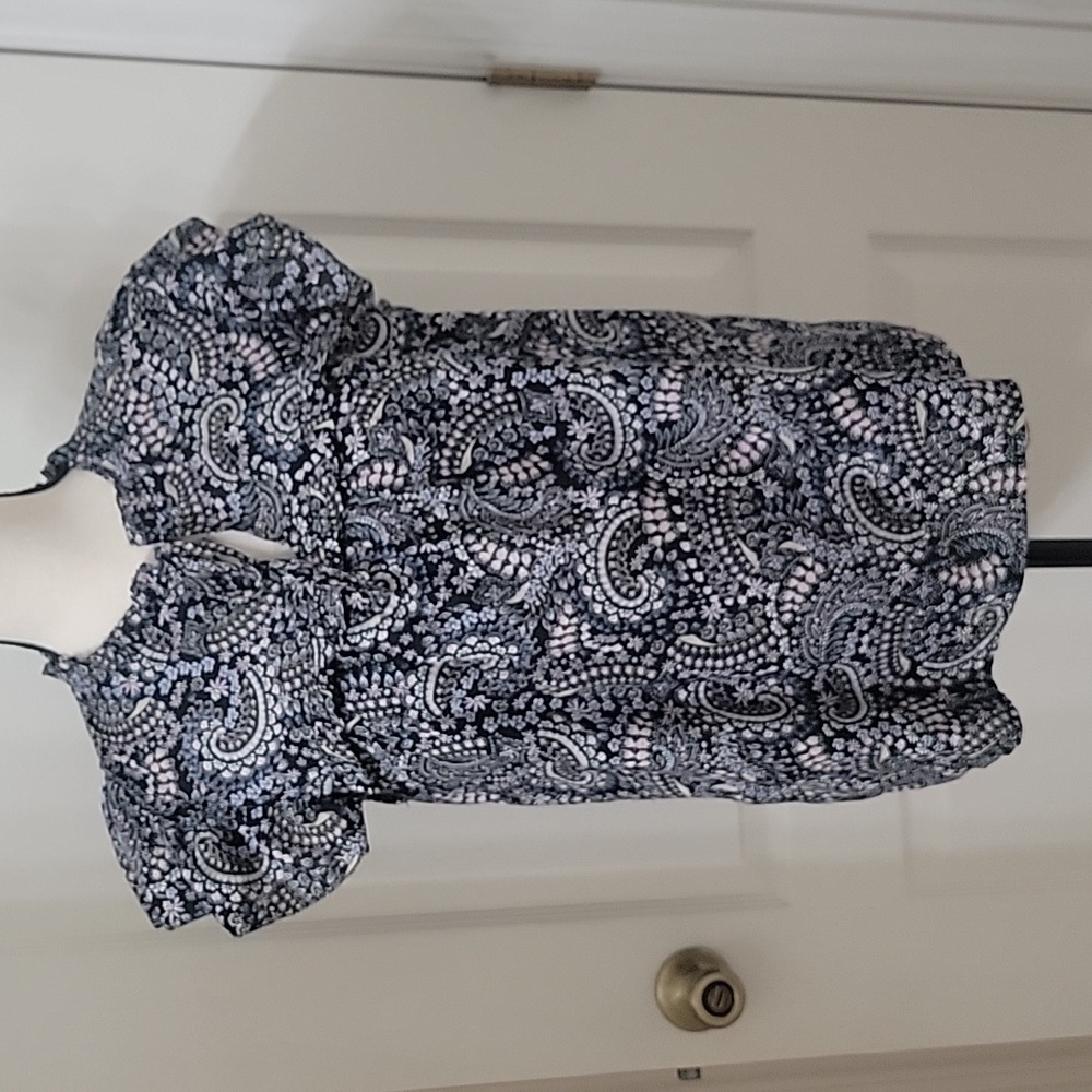 Loft Size S Navy Blue Lilac Paisley & Floral Flutter Sleeve Blouse Gently Used